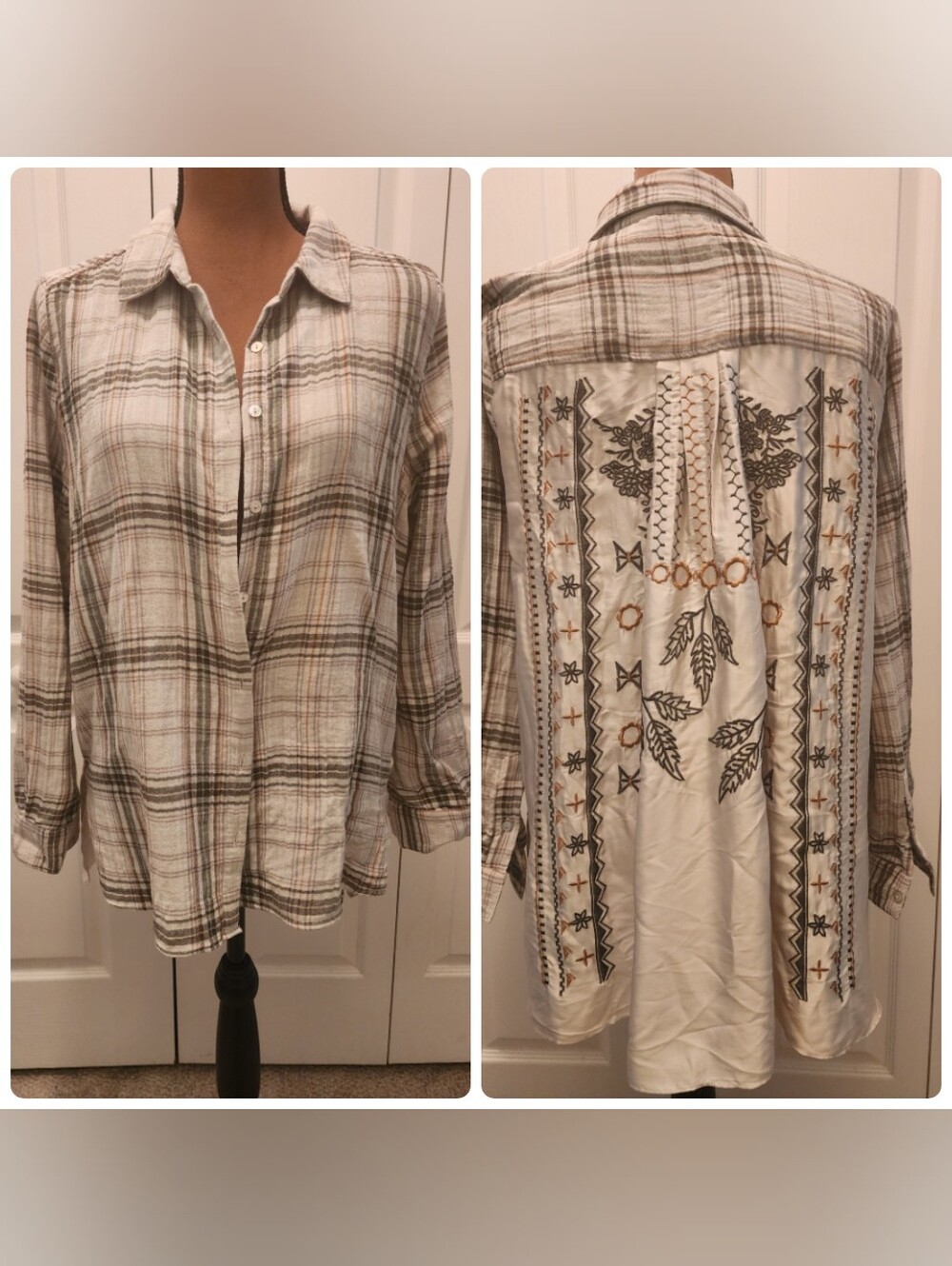 Mixed Media Boho Embroidered Back Plaid Button-Up Shirt in Cream Taupe & Green
